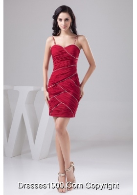 Dark Red Spaghetti Straps Ruched Beaded Prom Dress Mini-length