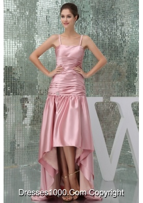 Taffeta Spaghetti Straps Ruched High-low Pink Prom Dress Column