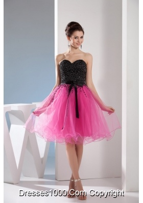 Fuchsia and Black Sweetheart Sashes Beading Prom Cocktail Dress