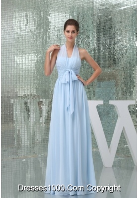 Light Blue Halter Ruches Sash Long Prom Gown Dress