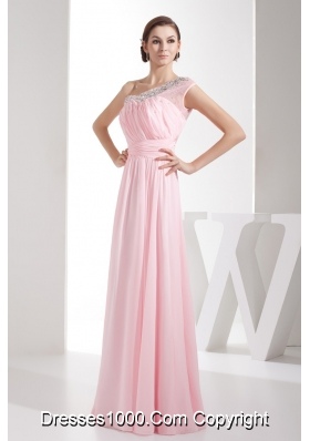 Light Pink Empire Beaded One Shoulder Prom Gowns with Ruching