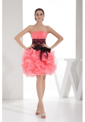 Strapless Ruched Watermelon Prom Dress Knee-length with Sash