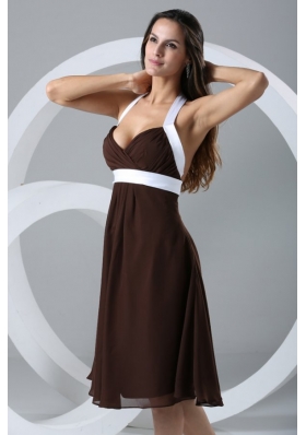 Special Brown and White Halter Top Chiffon Knee-length Prom Dress