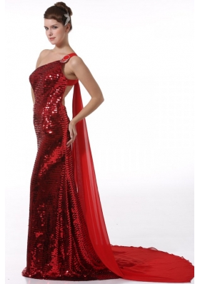 Wine Red Sequin Column JS Prom Dresses with Watteau Train