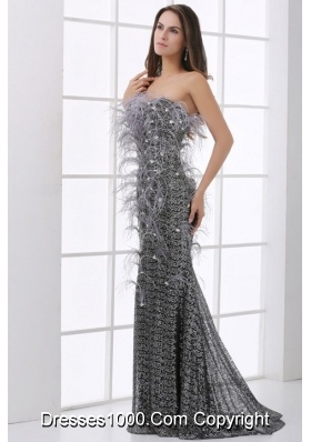 Feather Strapless Sequin Brush Train Prom Bridesmaid Gowns