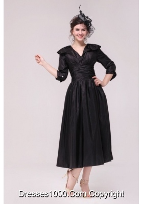 V-neck Half Sleeves Tea-length Taffeta Dresses for Prom in Black