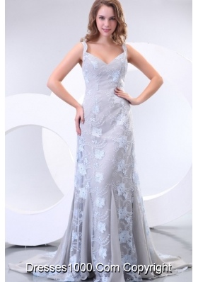 Wonderful Straps Column Lace Prom Maxi Dress with Court Train