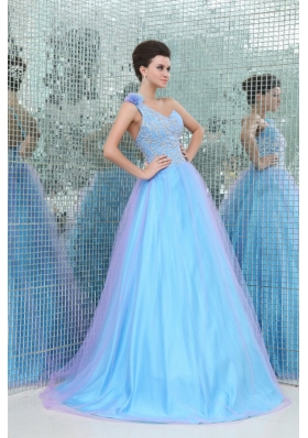 A-lien Blue One Shoulder Puffy Prom Gown Dress with Embroidery