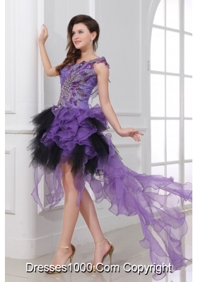 Purple and Black Asymmetrical Ruffled and Beaded Prom Gowns