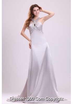 Gray Straps Beading and Ruching Brush Train Prom Gown Dress