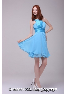 Cute Baby Blue One Shoulder Ruching Short Dresses for Prom Princess