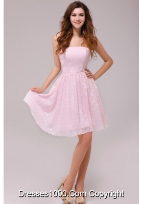 Lovely Strapless Prom Dress by Baby Pink Printed Fabric in Knee-length