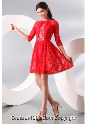 Amazing Short Red Prom Dress with Lace Overlay and Half Sleeves