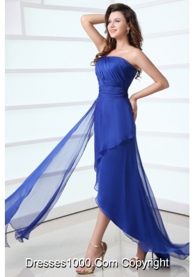 Blue Column One Shoulder Ruching High-low Chiffon Prom Gown Dress