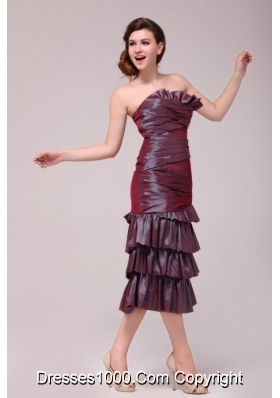 Hot Burgundy Column Tea-length Prom Dress with Ruffled Layers