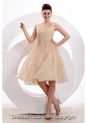 Champagne Chiffon Bateau Ruching Knee-length Prom Cocktail Dress