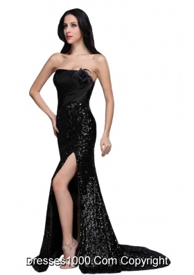 Column Black Strapless Sequins High Slit Brush Train Dresses for Prom