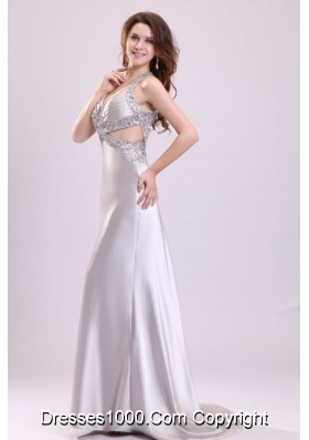 Gray Ruching Appliques Halter Top Brush Train Prom Theme Dresses