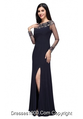 Slit Column Scoop Navy Blue Prom Celebrity Dress with Long Sleeves