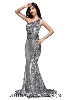 Column Sequins High Slit Silver One Shoulder Brush Train Prom Dresses