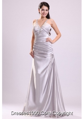 Column Straps Beading Ruching Full-length Gray Dress for Prom Queen