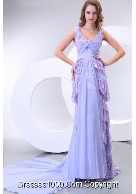 Lavender Long V-neck Lace and Chiffon Prom Dresses with Court Train