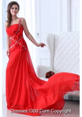 Empire Red One Shoulder Ruching Beading Chiffon Prom Holiday Dress