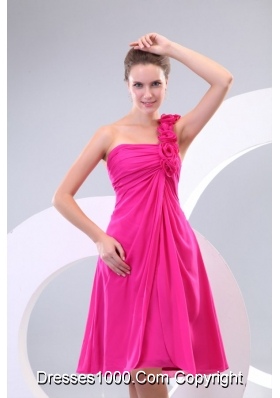 2014 Hot Pink Hand Made Flowers Ruching One Shoulder Prom Dresses