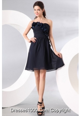 Navy Blue Strapless Hand Made Flowers Short Prom Homecoming Dress