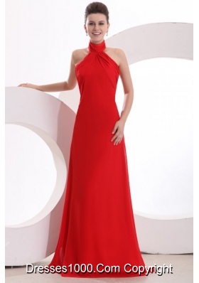 High End Red Halter Top Prom dress by Chiffon Fabric and Chapel Train