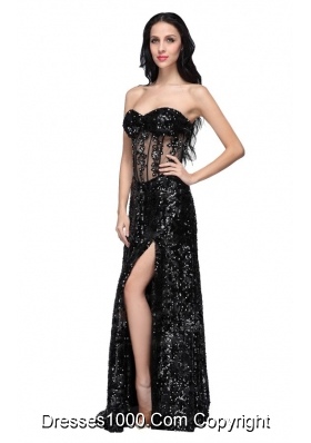 Super Hot Column Black Sweetheart Sequins Prom Dresses with High Slit