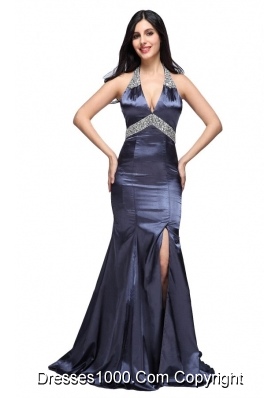 Navy Blue Taffeta Column Halter Top Beading High Slit Prom Dresses