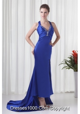 Column Halter Watteau Train Beading Prom Formal Dress in Royal Blue