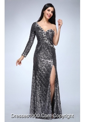 Silver One Shoulder Long Sleeve High Slit Sequins Prom Celebrity Dress