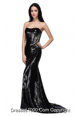 2014 Mermaid Black Strapless Sequins Brush Train Prom Pageant Dress