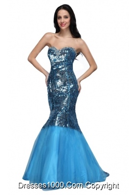 Mermaid Blue Sweetheart Sequins Long Prom Dress with Beading 2014