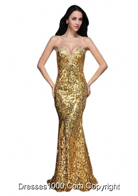 Mermaid Gold Sweetheart Sequins Beading Floor-length Prom Dresses