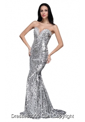 Mermaid Silver Sequins Sweetheart Beading Brush Train Prom Dress