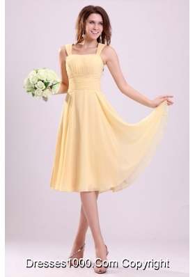 Simple Yellow A Line Tea Length Bridesmaid Dress with Straps