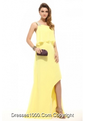 Light Yellow Chiffon High-low Prom Dress with One Shoulder Beading