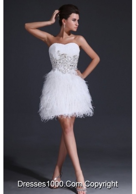 White Sweetheart Short Prom Dress with Beading and Feathers