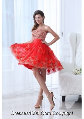 Red Sweetheart Prom Dress with Beading and Hand Made Flowers