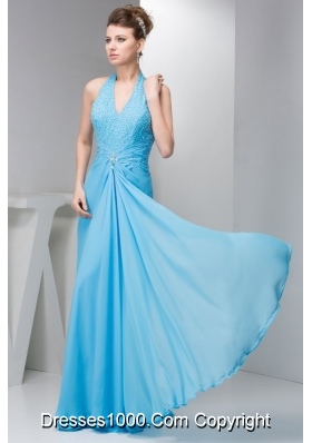 Cheap Aqua Blue Empire Halter Prom Dresses in Chiffon with Beading