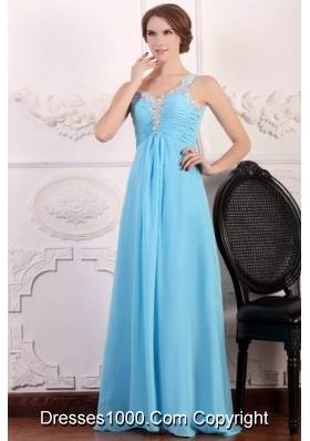 Aqua Blue One Shoulder Empire Chiffon Beading Decorated Prom Dress