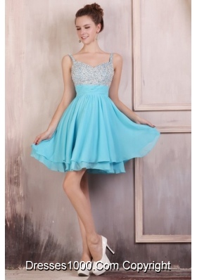 Lovely Chiffon Knee-length Aqua Blue Prom Dress With Straps