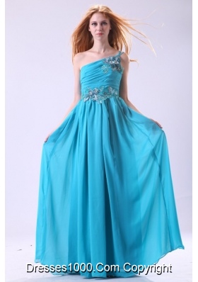 Blue Empire Appliques One Shoulder Beading Chiffon Prom Dress