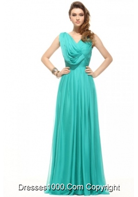 Unique Turquoise Empire V-neck Chiffon Ruching Prom Dress