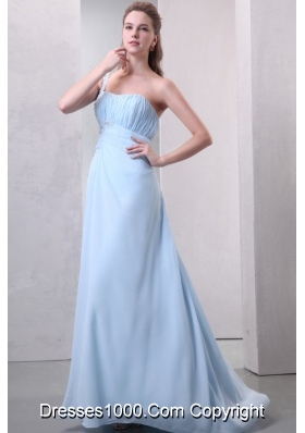 Light Blue One Shoulder Empire Chiffon Prom Dress with Appliques