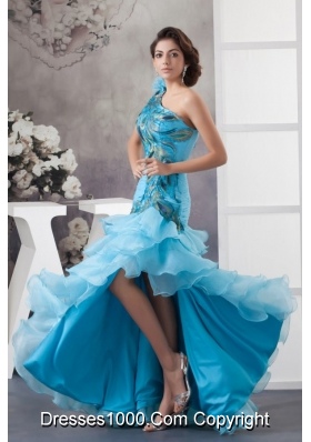 One Shoulder Blue Ruffled Prom Dress with Peacock Feather Appliques