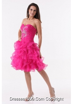 Hot Pink Princess Ruffles Beading Ruching Knee-length Cocktail Dress